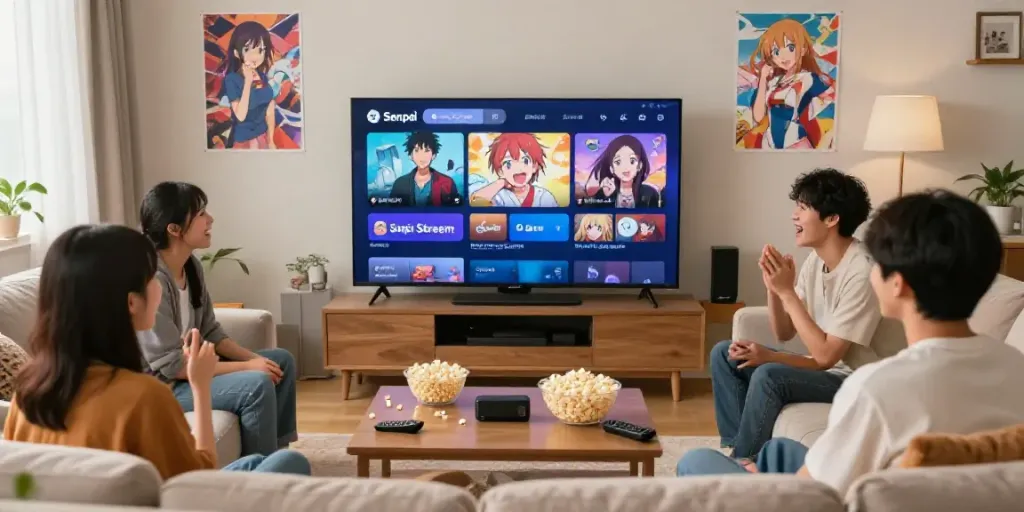 Groupe d'amis regardant un anime sur l'application Senpai Stream dans une pièce accueillante.