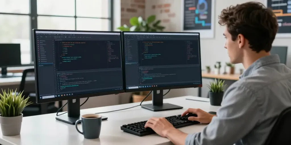 Developer at workspace using an OpenAI-compatible API for multiple models, coding in a modern office setting.