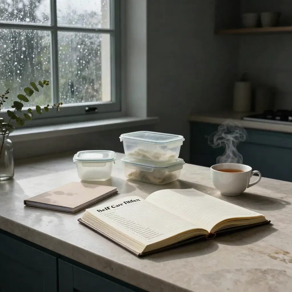Planner crème, boîtes repas, thé fumant et eucalyptus sur un plan de travail, lumière de pluie.