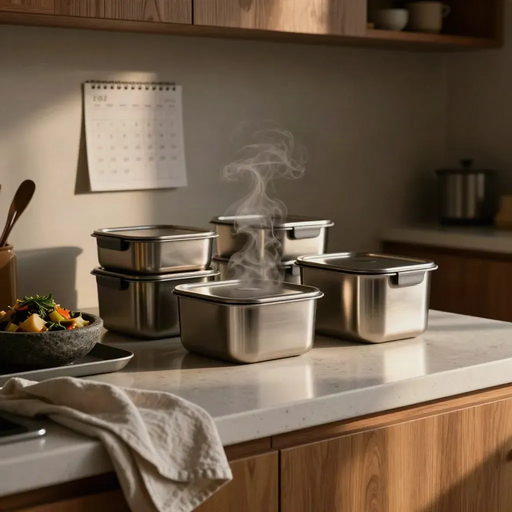 Cuisine familiale au soir: boîtes repas en inox, légumes vapeur, torchon en lin et lumière douce.