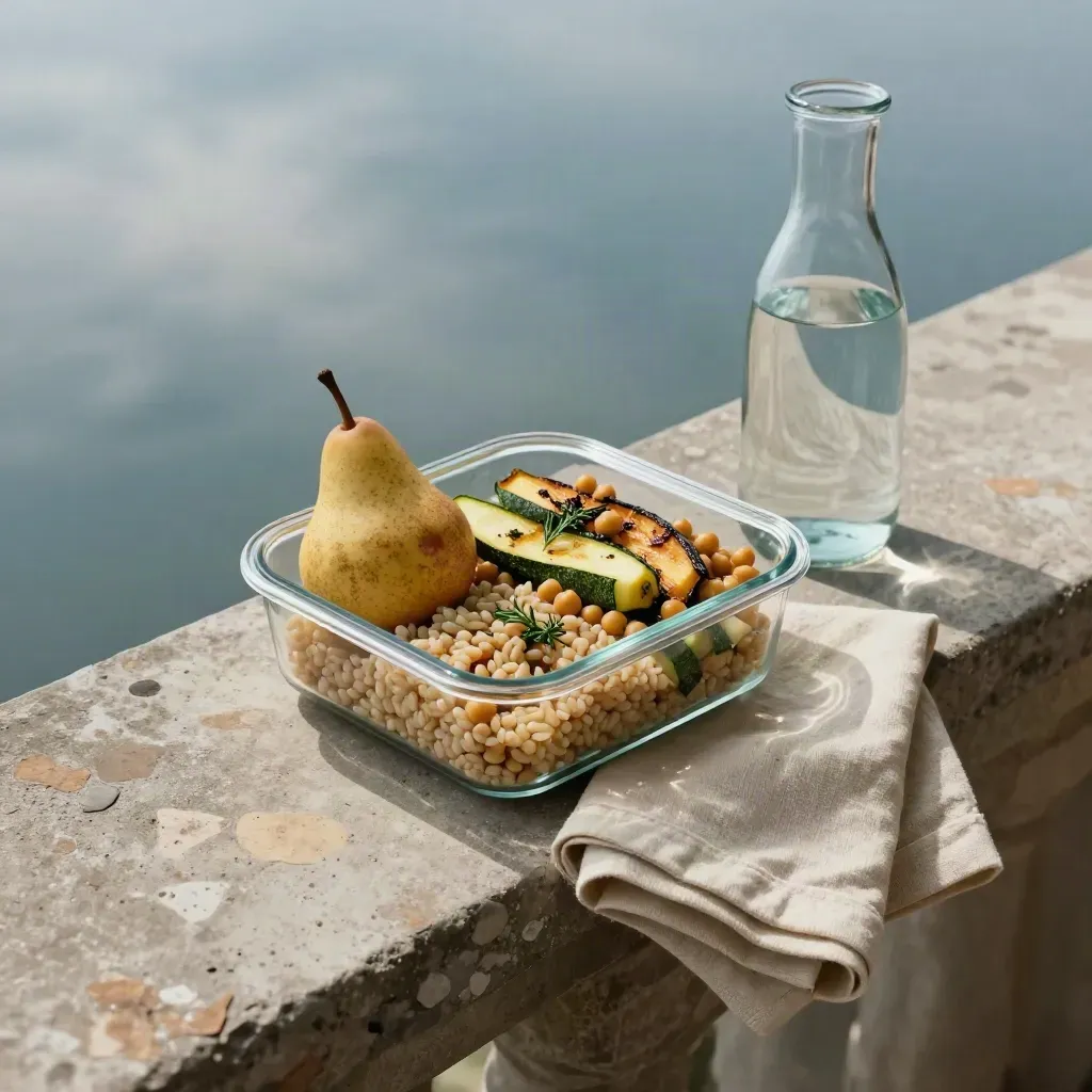Lunch box en verre, poire, serviette en lin et carafe d’eau sur un balcon lumineux.