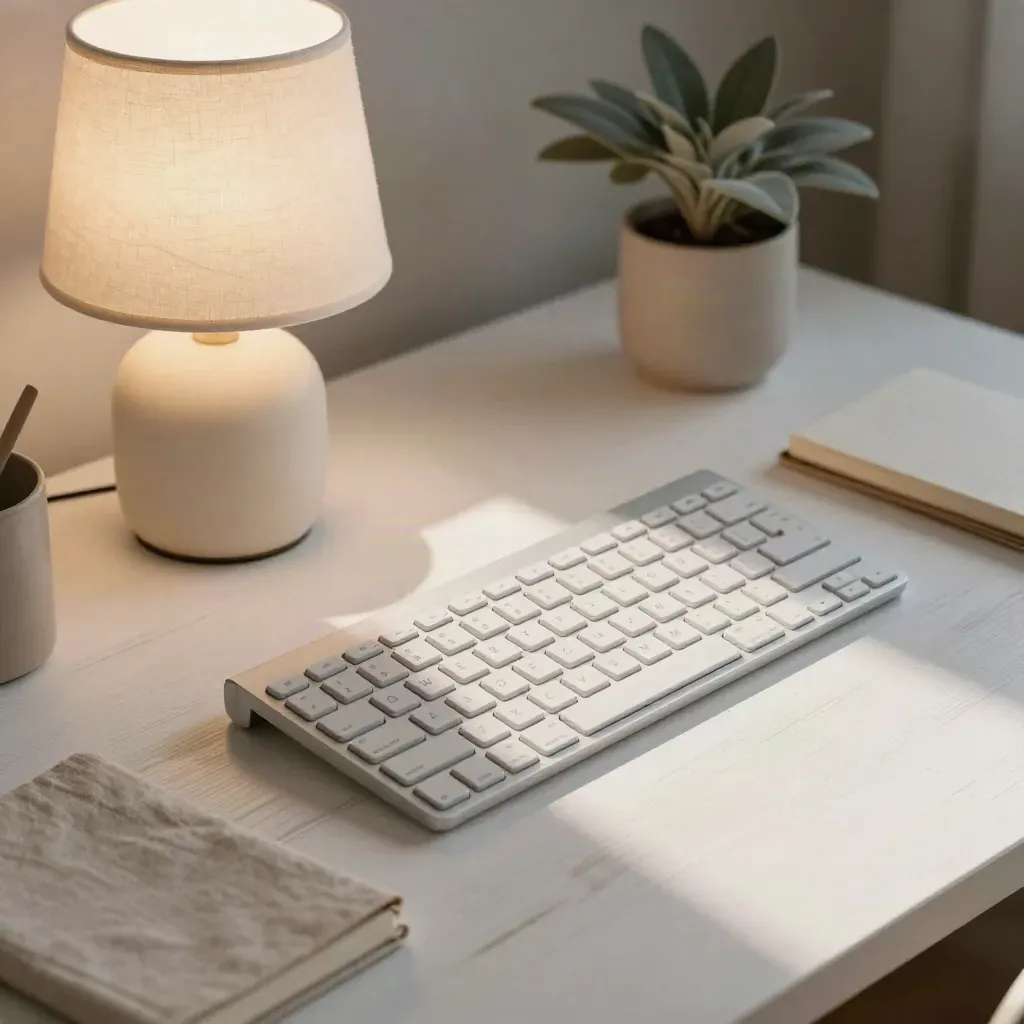 Un bureau clair avec clavier fermé, lampe douce, carnet en lin et petite plante.