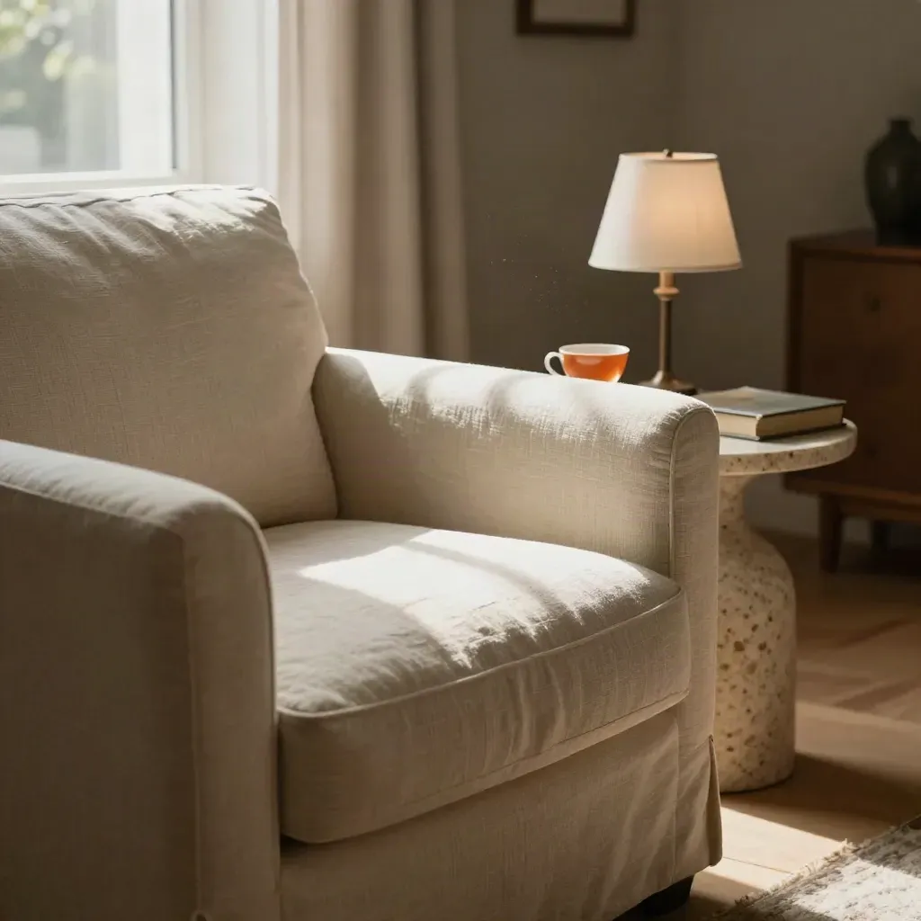 Fauteuil crème près d’une fenêtre, thé ocre, livre fermé et lampe douce dans une lumière d’après-midi.